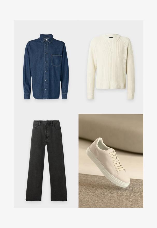 Pull en maille couleur crème avec des manches longues, des poignets et un ourlet côtelés, et un col rond sur un fond blanc uni.; Chemise en denim bleu foncé avec des manches longues, devant à boutons et une poche poitrine unique. Présente un col classique et un ourlet droit.; Jeans en denim noirs taille haute à coupe droite avec bouton à l'avant, fermeture éclair et design à cinq poches sur fond blanc.; Baskets en suède beige avec semelle et lacets blancs, présentées en suspension au-dessus d'un tapis beige texturé sur fond beige doux.