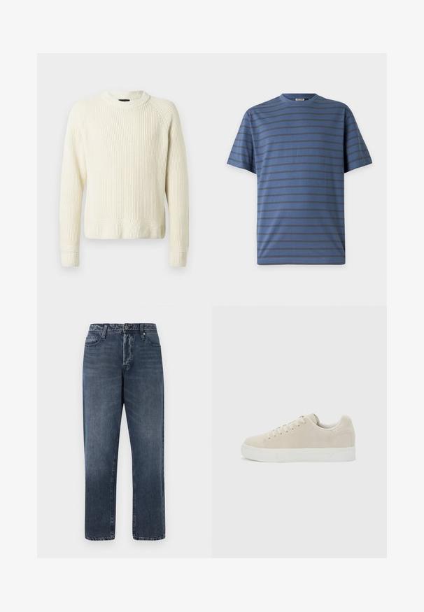Cremfarbener Strickpullover mit langen Ärmeln, gerippten Bündchen und Saum sowie einem runden Ausschnitt vor einem schlichten weißen Hintergrund.; Blaues T-Shirt mit Rundhalsausschnitt, dünnen, dunklen horizontalen Streifen und kurzen Ärmeln, auf hellem einfarbigem Hintergrund dargestellt.; Jack & Jones Loose-fit JJIEDDIE JJORIGINAL SQ 227 - Baggy Jeans - blue denim; Beige Sneaker in niedriger Ausführung mit Schnürung vorne und dicker weißer Gummisohle vor schlichtem hellgrauem Hintergrund.
