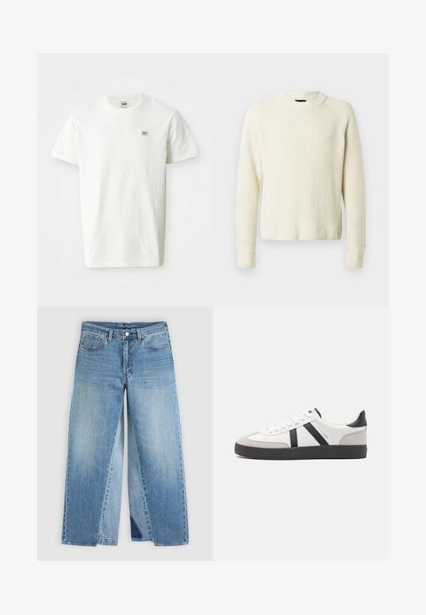 Pull en maille couleur crème avec des manches longues, des poignets et un ourlet côtelés, et un col rond sur un fond blanc uni.; T-shirt en coton blanc avec un col rond et des manches courtes. Affiche un petit logo rectangulaire en bleu et violet de Lee sur la poitrine gauche.; Jean droit en denim bleu avec un design classique à cinq poches et une fermeture à boutons à l'avant, présenté à plat sur un fond neutre.; Baskets blanches avec des accents noirs et gris, présentant un embout texturé gris, une semelle en caoutchouc noir et des lacets plats blancs. Design épuré, style minimaliste.