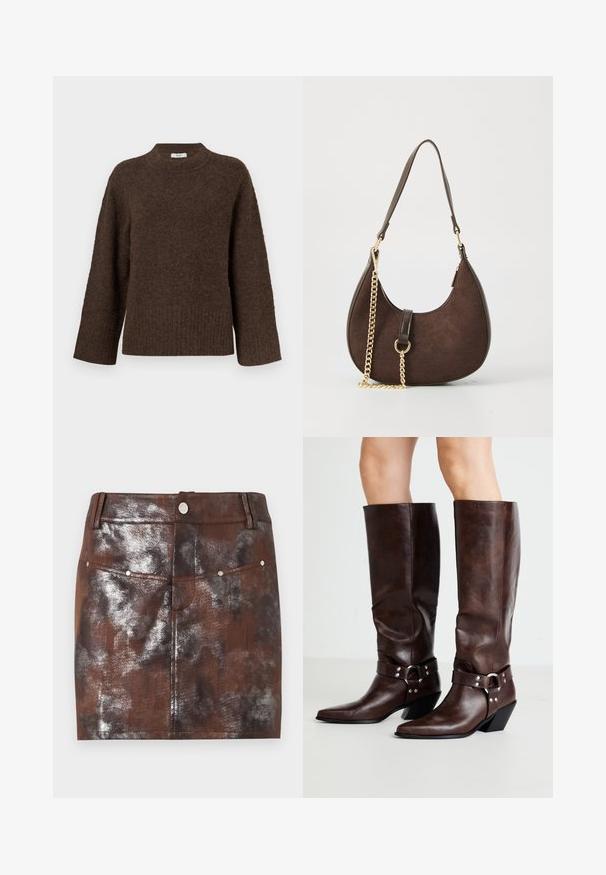 Bruine gebreide trui met een hoge hals, brede mouwen, geribbelde zoom en zachte textuur. Heeft een ontspannen pasvorm en een minimalistisch ontwerp.; Bruine en zwarte mini-rok met metallic effect, voorzien van steekzakken aan de voorkant, riemlussen en een zilveren knoopsluiting in de taille.; RAID NEVIS - Cowboy-/Bikerlaarzen - brown; Bruine suède handtas met een gebogen vorm, voorzien van een gouden kettingband en een donker leren accent. Ideaal voor casual gebruik.