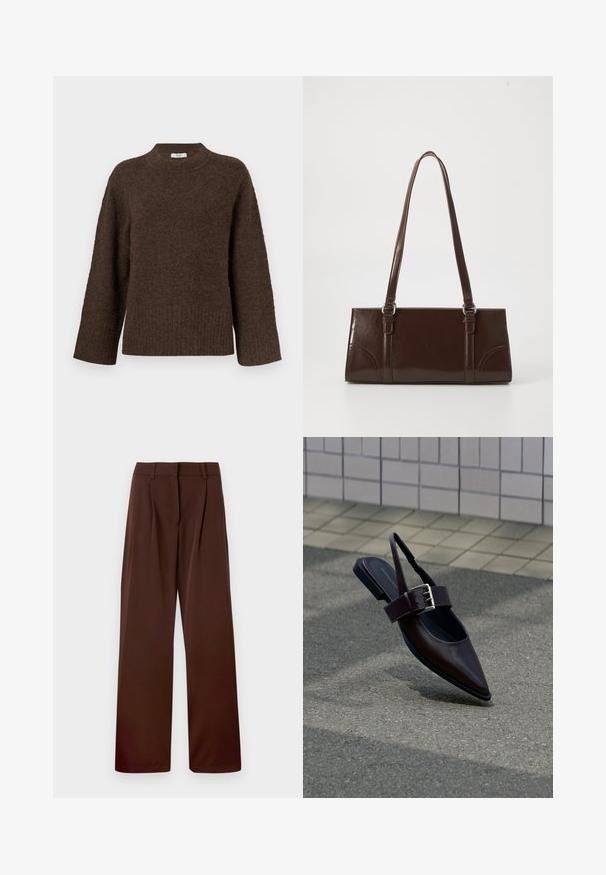 Pull en maille marron avec un col montant, des manches larges, un ourlet côtelé et une texture douce. Présente une coupe décontractée et un design minimaliste.; Pantalons évasés d'une riche couleur marron, fabriqués en tissu lisse avec un devant plat, deux plis et des passants de ceinture à la taille.; Chaussure plate à bout pointu marron foncé avec bride arrière, large sangle et grande boucle argentée sur l'asphalte près d'un mur carrelé.; Sac à main en cuir verni marron de forme rectangulaire, avec deux longues poignées et des accents courbés subtils à l'avant.
