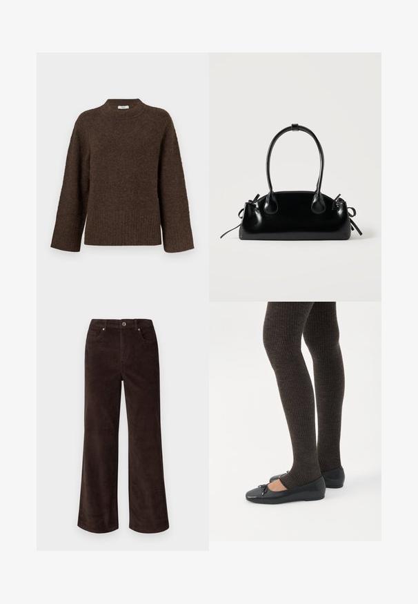 Brun strikket sweater med høj hals, brede ærmer, ribbede kanter og blød tekstur. Har en afslappet pasform og minimalistisk design.; Vero Moda Petite VMTESSA PANTS - Bukser - chocolate torte; Ben iført mørke ribbede leggings kombineret med sorte balletsko med små sløjfedetaljer på hvid baggrund.; Lille sort blank håndtaske med to lange håndtag og snøre-detaljer i siden på en ensfarvet lys baggrund.