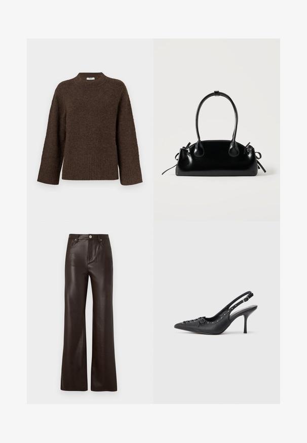 Bruine gebreide trui met een hoge hals, brede mouwen, geribbelde zoom en zachte textuur. Heeft een ontspannen pasvorm en een minimalistisch ontwerp.; Vero Moda Wide-leg VMTESSA High rise - Broek - chocolate torte; Zwarte leren slingback stiletto met spitse neus, zijgesp met gesp, studs langs de rand en decoratieve veters aan de voorkant.; Kleine zwarte glanzende handtas met twee lange hengsels en zijkant trekkoord details op een effen lichte achtergrond.
