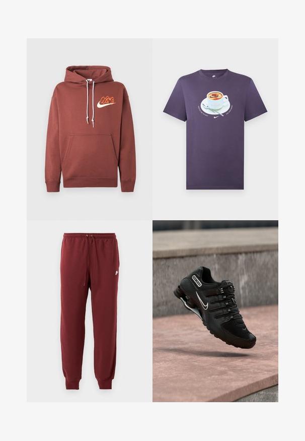 Bruine hoodie van katoen. Bevat een voorzak, witte trekkoorden en een logo met de tekst "Air" en een swoosh in oranje en crème.; Paars T-shirt met ronde hals en afbeelding van een koffiekopje, schotel en lepel, met een Nike-logo in het koffieschuim.; Bordeauxkleurige sweatpants van zachte stof, met een elastische tailleband met aantrekkoord en taps toelopende boorden, gemarkeerd met een klein wit logo.; Zwarte Nike Shox hardloopschoen met wit swoosh-logo, zwevend boven een roze betonoppervlak tegen een grijze stenen muur als achtergrond.