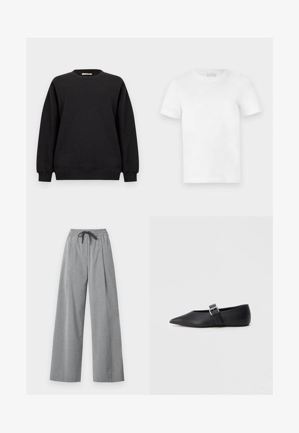 Sweat-shirt noir à col rond, épaules tombantes et poignets côtelés. Tissu texturé avec de subtiles taches multicolores dispersées.; T-shirt en coton blanc avec un col rond et des manches courtes. Texture lisse sans motifs ni accents visibles. Design simple et épuré.; Pantalon gris clair à jambes larges avec taille élastique et cordon noir, fabriqué en tissu lisse, présenté sur fond blanc.; Chaussure plate en cuir noir avec bout pointu et bride latérale à boucle. Texture lisse, design minimaliste, profil bas. Convient pour une tenue décontractée.