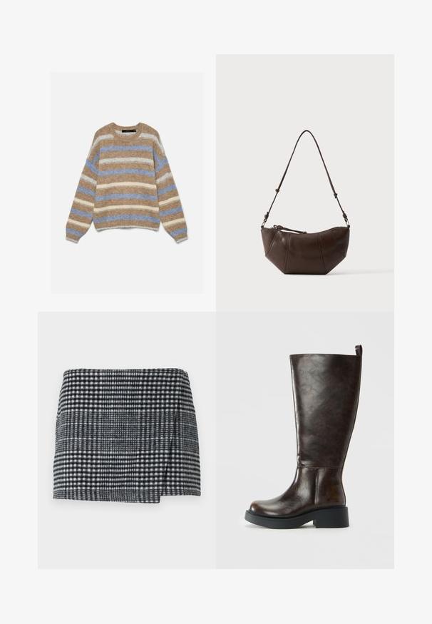 Zachte trui met lange mouwen en horizontale strepen in beige, lichtblauw en crème, met een ronde hals en geribde boorden en zoom.; Wollen mini-jurk met een zwart-wit houndstooth patroon, rechte snit met een lichte asymmetrische zoom en textuurstof.; Donkerbruine leren kniehoog laars met een ronde neus, stevige zwarte zool, lage blokhak en een trekknoop aan de bovenkant achter.; Bruine leren schoudertas met een gebogen onderkant en een verstelbare riem tegen een effen lichte achtergrond.