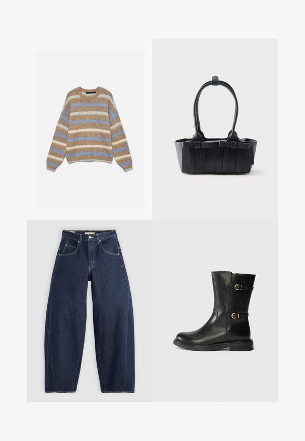 Langærmet blød sweater med vandrette striber i beige, lyseblå og creme, med rund halsudskæring og ribstrikkede manchetter og kant.; Mørkeblå denim jeans med løs pasform, lyse syninger, fem lommer og en knaplukning ved taljen.; Sort læder ankelstøvle med rund tå, dekorative guldspænder på siderne og en tekstureret sål. Glat overflade og mellemhøj skaft.; Sort læderhåndtaske med to håndtag, dekorative remme og en rektangulær bund på en ensartet lys baggrund.