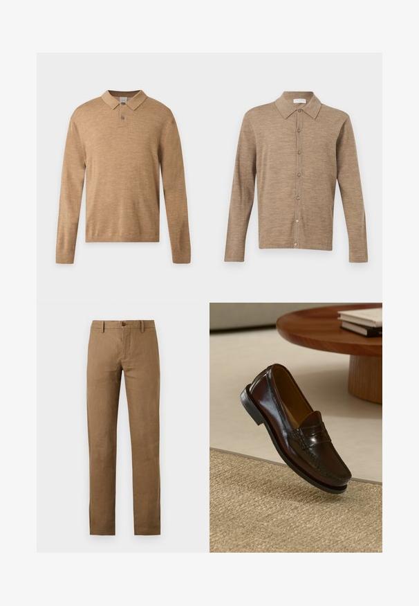 Polo en maille marron clair à manches longues avec col et deux boutons, en tissu doux et texturé, présenté sur un fond clair uni.; Cardigan beige à manches longues avec boutons et col, en tissu tricoté doux, présenté sur un fond blanc uni.; Pantalon marron à jambes droites avec passants de ceinture et fermeture boutonnée et zippée à l'avant sur fond uni.; Mocassins en cuir marron au fini brillant, avec un détail cousu sur le devant et une semelle en caoutchouc noir à profil bas.