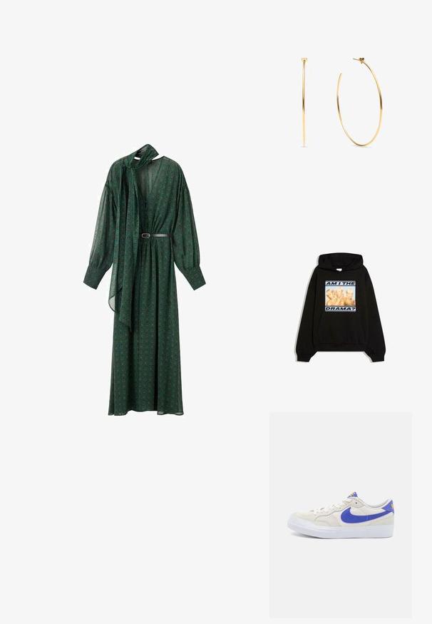 Zwarte hoodie met een afbeelding aan de voorkant van drie vrouwen met blond haar en tekst "AM I THE DRAMA?" in lichtblauw en zwart.; Lange groene jurk met een bloemenpatroon, voorzien van een striknek, volumineuze mouwen en een riem die de taille accentueert. Gemaakt van lichtgewicht stof.; Beige suede sneaker met een blauw leren swoosh, witte rubberen zool en gele branding op de tong. Vetersluiting met een gevoerde kraag.; Dunne gouden oorringen met hartvormige stekers, weergegeven vanuit zij- en voorkant op een witte achtergrond.