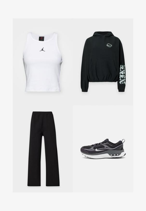 Sudadera con capucha corta negra con diseño de alambre de púas en el pecho y texto estilizado en la manga derecha, puños elásticos y bolsillo frontal.; Top corto blanco de algodón con textura acanalada. Cuenta con un logo negro de Jordan en el centro y un clásico escote redondo.; Pantalones negros de pierna ancha con cintura elástica, exhibidos planos sobre un fondo liso y claro.; Zapatillas Nike en negro y gris con parte superior de malla, acentos texturizados, suela acolchada y una unidad de aire visible en el talón.