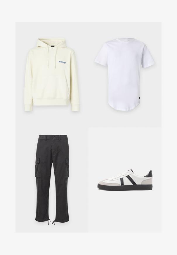 Haut à capuche de couleur crème avec une poche frontale, un capuchon à cordon de serrage et un logo bleu sur la poitrine. Tissu doux avec une coupe décontractée et des poignets côtelés.; T-shirt blanc à manches courtes en coton. Design à col rond avec un ourlet arrondi. Étiquette visible sur le côté inférieur gauche. Texture lisse.; Pantalons cargo noirs avec deux poches latérales, des poignets ajustables avec cordon de serrage, une fermeture à bouton et une texture de tissu lisse et durable.; Baskets blanches avec des accents noirs et gris, présentant un embout texturé gris, une semelle en caoutchouc noir et des lacets plats blancs. Design épuré, style minimaliste.