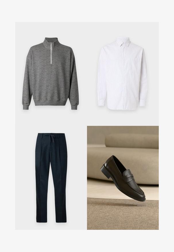 Grijze pullover trui in visgraatmotief met een hoge kraag en een rits die tot een kwart geopend kan worden. Voorzien van geribbelde manchetten en zoom, wat een gelaagde textuur geeft.; Heren overhemd met lange mouwen, knoopsluiting, dunne verticale bruine strepen, een enkele borstzak en een puntige kraag op een witte achtergrond.; Marineblauwe broeken van gemêleerde stof, met een elastische tailleband, rechte pijpen en twee plooien aan de voorkant voor een verzorgde uitstraling.; Zwarte leren loafer die rust op een beige tapijt met een gebogen beige bank op de achtergrond.