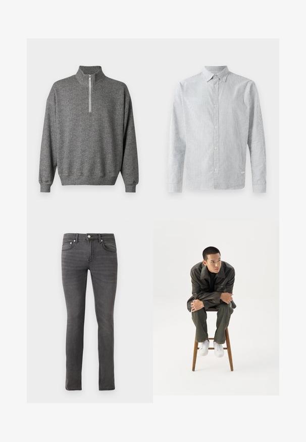 Grauer Herringbone-Pullover mit hohem Kragen und Viertel-Reißverschluss. Ausgestattet mit gerippten Bündchen und Saum, die eine strukturierte Optik verleihen.; Gestreiftes Hemd in Hellblau und Weiß, mit klassischem Kragen, langen Ärmeln und normaler Passform aus glattem Stoff.; Graue Jeans aus Denim im Slim-Fit, mit klassischem Fünf-Taschen-Design, Frontknopfverschluss und schwacher struktureller Detailierung überall.; Junger Mann in dunkler Lederjacke und Jeans sitzt auf einem Holzstuhl, lehnt sich mit verschränkten Armen nach vorne und schaut seitlich vor weißem Hintergrund.