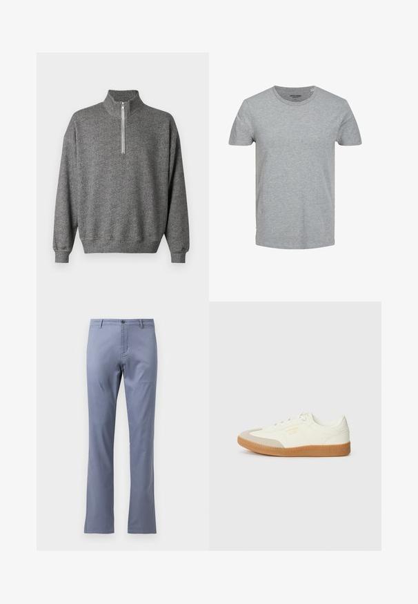 Γκρι πουλόβερ sweatshirt με σχέδιο ψαροκόκκαλο, ψηλό γιακά και κλείσιμο με φερμουάρ στο ένα τέταρτο. Διαθέτει ριμπ μανσέτες και τελείωμα στη μέση, προσφέροντας υφή.; Γκρι κοντομάνικο μπλουζάκι φτιαγμένο από μαλακό βαμβάκι. Διαθέτει κλασικό στρογγυλό λαιμό και κανονική εφαρμογή. Απλός σχεδιασμός χωρίς μοτίβα ή λεπτομέρειες.; Απαλά μπλε βαμβακερό παντελόνι με ίσια γραμμή, επίπεδο μπροστινό μέρος, θηλιές για ζώνη και ένα κουμπί για κλείσιμο στη μέση. Χωρίς εμφανή σχέδια.; Αθλητικά παπούτσια από λευκό δέρμα με μπεζ κάλυμμα δαχτύλων και ανοιχτό καφέ καουτσούκ σόλα. Έχουν επίπεδες λευκές κορδόνες και ανάγλυφο λογότυπο στο πλάι.