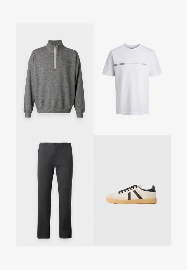 Sweat-shirt gris à chevrons avec col montant et fermeture éclair à quart. Comprend des poignets et un ourlet côtelés pour une finition texturée.; T-shirt blanc à manches courtes avec col rond, décoré de deux fines rayures horizontales grises et du petit texte "Jack & Jones" sur la poitrine.; Pantalon noir en tissu lisse, avec une coupe droite, des poches avant et une fermeture par bouton. Style minimaliste et polyvalent.; Baskets décontractées en crème avec des rayures noires, présentant un dessus texturé et une semelle en caoutchouc. Les lacets sont noirs. Logo discret sur le côté.