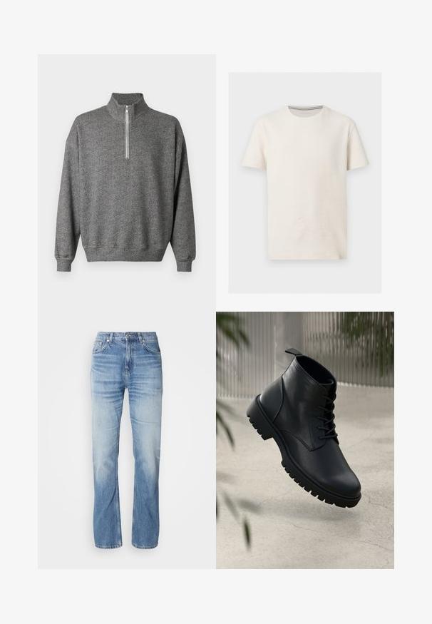 Sweat-shirt gris à chevrons avec col montant et fermeture éclair à quart. Comprend des poignets et un ourlet côtelés pour une finition texturée.; T-shirt en coton texturé blanc cassé à manches courtes, col rond et logo subtil sur la poitrine gauche, présenté sur fond gris.; Jean en denim bleu clair avec une coupe droite, finition délavée, cinq poches et une fermeture à bouton. Design classique et épaisseur moyenne.; Bottines en cuir noir avec un bout rond, un laçage, et une semelle en caoutchouc robuste. Texture lisse avec une languette à l'arrière.