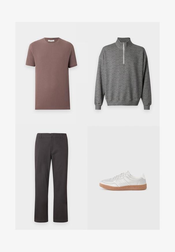Γκρι πουλόβερ sweatshirt με σχέδιο ψαροκόκκαλο, ψηλό γιακά και κλείσιμο με φερμουάρ στο ένα τέταρτο. Διαθέτει ριμπ μανσέτες και τελείωμα στη μέση, προσφέροντας υφή.; Κοντομάνικη ριμπ πλεκτή μπλούζα σε απαλό μοβ χρώμα με στρογγυλή λαιμόκοψη, απλωμένη επίπεδα σε φωτεινό φόντο.; Σκούρο γκρι παντελόνι με ίσια γραμμή, κλείσιμο με κουμπί, θηλιές για ζώνη και διακριτική ραφή στο μπροστινό μέρος, σε λευκό φόντο.; Ασημένια αθλητικά παπούτσια με λεία υφή, σχέδιο με κορδόνια, τρυπητές λεπτομέρειες και υφή από καφέ καουτσούκ.