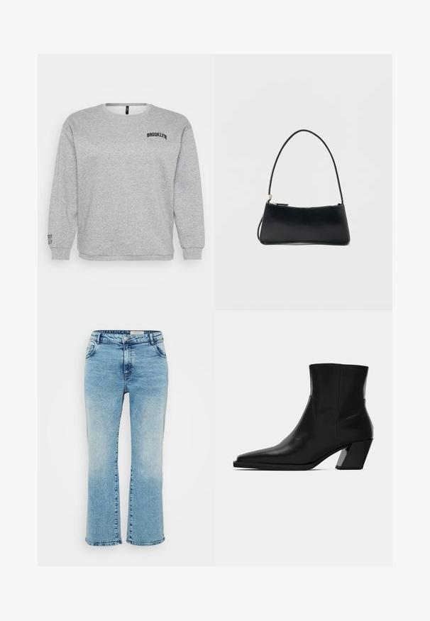 Grå sweatshirt med lange ærmer, rund hals og "BROOKLYN" broderet på brystet. Ribbet manchetter og kant giver struktur.; Lyseblå denimjeans med lige snit, der har knaplukning, fem lommer og subtil falming ved knæene.; Sortlæder ankelstøvle med spids tå, en slank silhuet og en kraftig firkantet hæl. Glat tekstur med minimale stikninger.; Sort rektangulær håndtaske med tynd skulderrem og lynlåslukning, sat mod en enkel hvid baggrund.