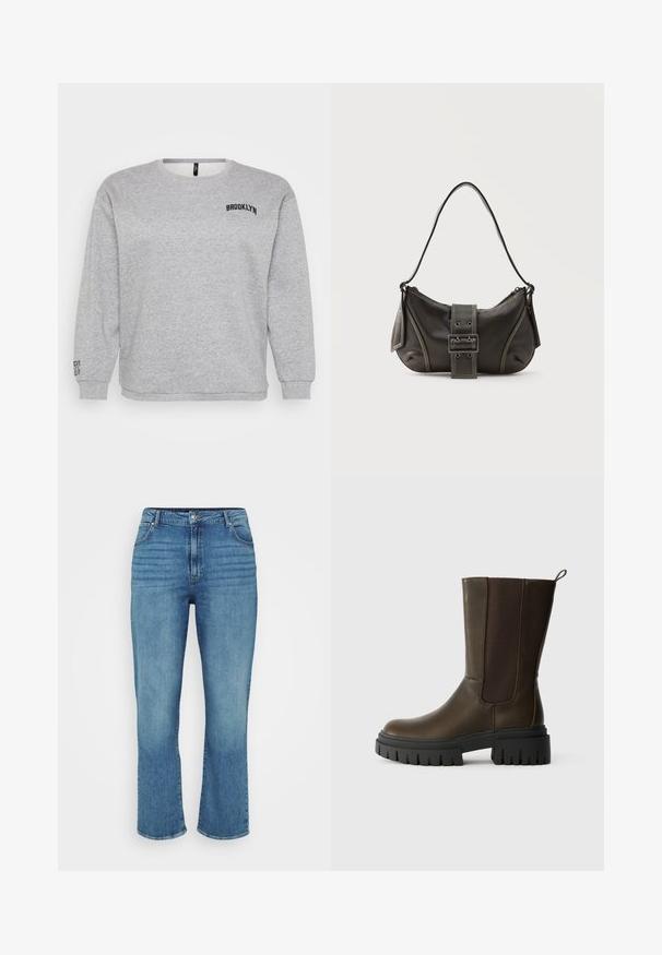 Grå sweatshirt med lange ærmer, rund hals og "BROOKLYN" broderet på brystet. Ribbet manchetter og kant giver struktur.; Lysblå denimjeans med lige ben design, der har fem lommer, bæltestropper og subtil falming foran.; Brune læder ankelstøvle med elastiske sidepaneler, chunky sort gummisål og en løkke for nem påtagning. Glat tekstur og moderne design.; Sort læder skuldertaske med spænde på remmen, afrundede kanter og kontrasterende hvide syninger på en ensfarvet baggrund.