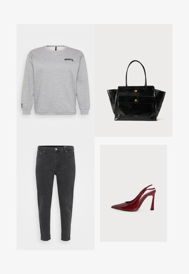 Grå sweatshirt med lange ærmer, rund hals og "BROOKLYN" broderet på brystet. Ribbet manchetter og kant giver struktur.; Slanke sorte denim jeans med frontknap og lynlås, bæltestropper og fem lommer, vist på en ensfarvet lys baggrund.; Rød højhælet slingback-sko i laklæder med spids tå og stilethæl, vist i profil på en ensfarvet hvid baggrund.; Sort læder tote taske med to top håndtag, stor frontlomme og to guldknapper. Har en tekstureret overflade og minimalistisk design.