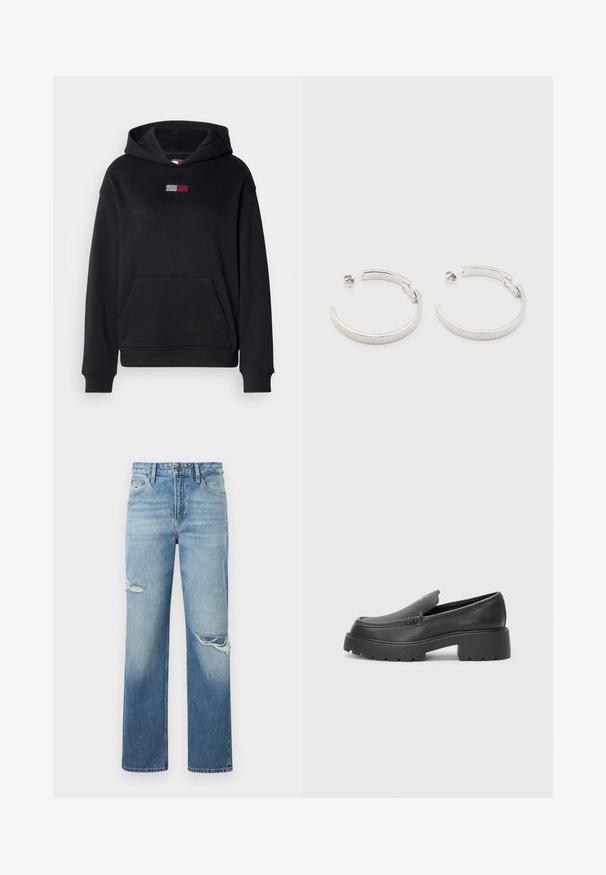 Sort hættetrøje med en frontlomme, der har et lille, farverigt logo i rhinsten på brystet. Fremstillet af blødt, tekstureret stof.; Lysblå denim straight-leg jeans med slidte huller, fem-lomme design og knaplukning. Klassisk snit med en lysnet finish.; Sorte læder loafers med rund tå, tyk tekstureret sål og minimale syninger. Elegant design uden synlige snørebånd eller hardware.; Sølvfarvede halvcirkelformede creoler med riflet tekstur og trykknapslukning på hvid baggrund.