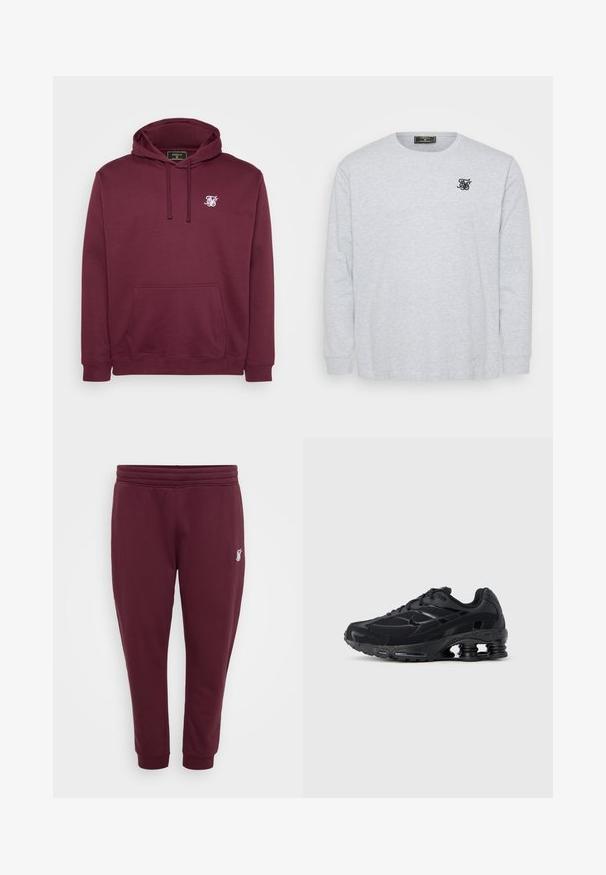 Burgundia kapuutsweater, mis on valmistatud pehmest kangast, esiküljel tasku ja väike valge logo rinnal. Pikad varrukad ja soonikkoes mansetid.; Hall värvi pika varrukaga T-särk, mis on valmistatud pehmest puuvillast. Särgil on ümar kaelus ja vasakul rinnal väike must logo, mis on tikandiga.; Burgundia värvi dressipüksid, mis on valmistatud pehmest kangast, omavad elastset vööd, mansette pahkluudes ja väikest tikandiga logo vasakus reies.; Must sportlik kinga võrgust pealsega, polsterdatud kaelusega ja silmapaistva polsterdatusega kandis. Omab struktuurseid detaile ja paelu.