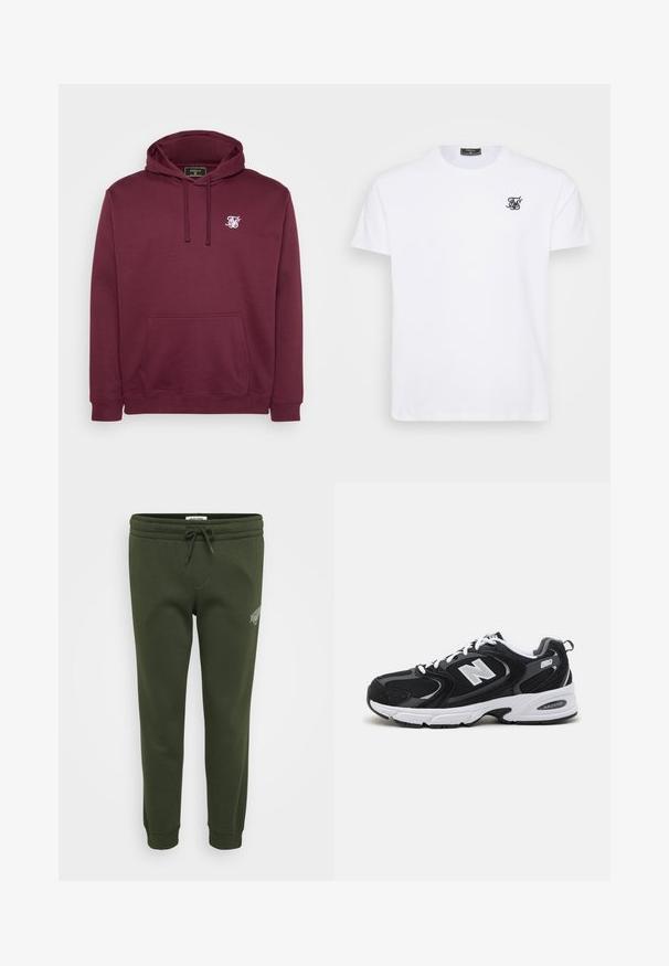 Sweatshirt à capuche bordeaux en tissu doux, avec une poche frontale et un petit logo blanc sur la poitrine. Manches longues et poignets côtelés.; T-shirt en coton blanc avec un col rond. Présente un petit logo brodé noir sur la poitrine. Manches courtes et coupe droite.; Pantalons de survêtement vert olive en coton doux mélangé, avec une taille élastique à cordon de serrage et des poignets côtelés aux chevilles.; Baskets de sport noires et grises avec un tige en mesh et en suède, présentant une semelle intermédiaire blanche, des lacets et un logo "N" audacieux sur le côté.