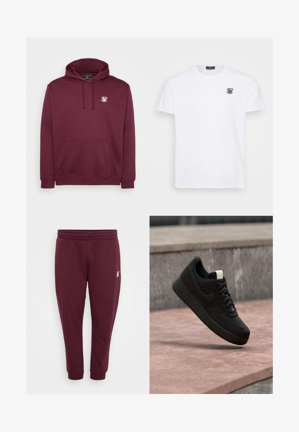 Burgundia kapuutsweater, mis on valmistatud pehmest kangast, esiküljel tasku ja väike valge logo rinnal. Pikad varrukad ja soonikkoes mansetid.; Valge puuvillane T-särk ringsuukaelusega. Rinnaosas on väike must tikandiga logo. Lühikesed varrukad ja sirge lõige.; Burgundia värvi dressipüksid, mis on valmistatud pehmest kangast, omavad elastset vööd, mansette pahkluudes ja väikest tikandiga logo vasakus reies.; Must Nike Air Force 1 toss üle roosa betoonist ääre halli kivise taustaga, näidates külgi ja pealmisi detaile.