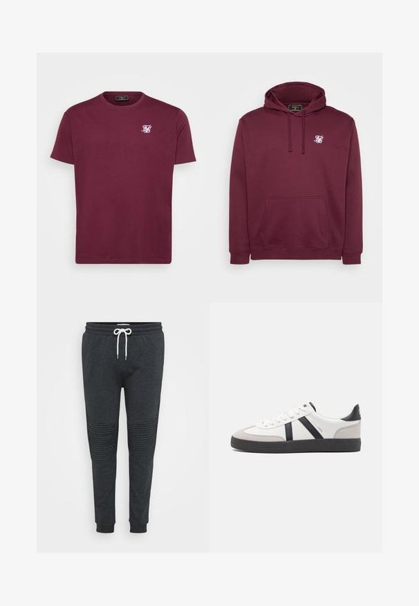 Bordeaux capuchon sweatshirt van zachte stof, met een voorkantzak en een klein wit logo op de borst. Lange mouwen en geribbelde manchetten.; Bordeaux katoenen t-shirt met een ronde hals, korte mouwen en een klein wit logo op de linkerborst. Soepele textuur en een klassieke pasvorm.; Donkergrijze joggingbroek met witte trekkoorden, geribbelde kniedetails, elastische tailleband en cuffed enkels tegen een effen achtergrond.; Witte sneaker met zwarte en grijze accenten, voorzien van een grijze neus met textuur, zwarte rubberen zool en platte witte veters. Schoon ontwerp, minimalistische stijl.