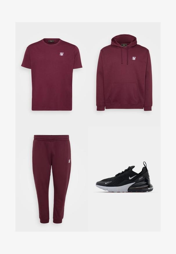 Burgunderfarbenes Kapuzenpullover aus weichem Stoff, mit einer Vorderasche und einem kleinen weißen Logo auf der Brust. Lange Ärmel und gerippte Bündchen.; Bordeaux Baumwoll-T-Shirt mit runder Halslinie, kurzen Ärmeln und einem kleinen weißen Logo auf der linken Brust. Glatte Textur und klassischer Schnitt.; Burgunderfarbene Sweatpants aus weichem Stoff, mit einem elastischen Bund, Bündchen an den Knöcheln und einem kleinen gestickten Logo am linken Oberschenkel.; Schwarzer Sportschuh mit Mesh-Obermaterial, weißer Zwischensohle und sichtbarem Luftpolster im Fersenbereich. elegantes Design mit dezenten silbernen Akzenten.