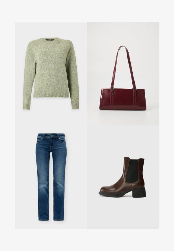 Lysegrøn strikket sweater med rund hals, lange ærmer og ribkant ved ærmer og kant, vist mod en ensfarvet baggrund.; Blå denimjeans med klassisk fem-lomme design, knap- og lynlåslukning og let falmning på forsiden af lårene og knæene.; Brune læder ankelstøvle med rund tå, elastisk sidepanel og en kraftig sort hæl. Glat tekstur med minimalistisk design.; Bordeaux håndtaske lavet af glansfuldt materiale, rektangulær form, med to skulderremme og subtile buede detaljer på forsiden.