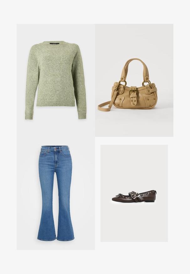 Lysegrøn strikket sweater med rund hals, lange ærmer og ribkant ved ærmer og kant, vist mod en ensfarvet baggrund.; Lyseblå klokkeformede jeans med høj talje, lavet af denim. Funktionen inkluderer to forlommer og en knaplukning i taljen.; Brun læder flad sko med dobbelte sølvspænder, dekorative snørebånd langs kanterne og en lille sløjfe på den spidse tå.; Beige læderhåndtaske med dobbelte håndtag, messing spænde og nitte detaljer samt en justerbar skulderrem mod en hvid baggrund.