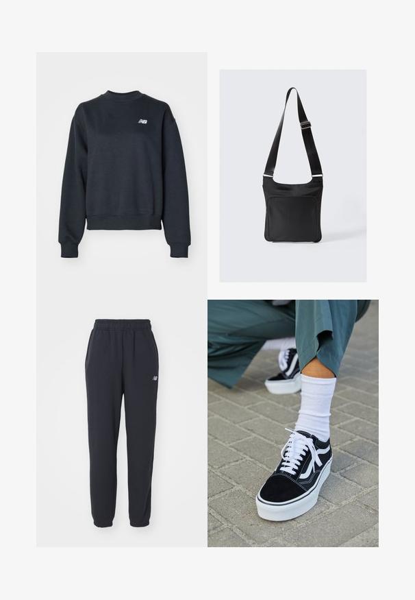 Mørkegrå crewneck sweatshirt lavet af en bomuldsblanding. Har ribbenhalsudskæring og manchetter samt et lille hvidt logo på brystet.; Sorte sweatpants med elastisk talje, to sidelommer og et lille hvidt logo på venstre hofte. Fremstillet af blødt stof med en glat overflade.; Sorte ruskinds sneakers med hvide accenter og snørebånd, der har en tyk hvid sål og kontrasterende syninger, parret med en hvid sok.; Sort nylon skuldertaske med flad design, justerbar rem og frontlomme med lynlås. Har en glat tekstur og minimalistisk stil.