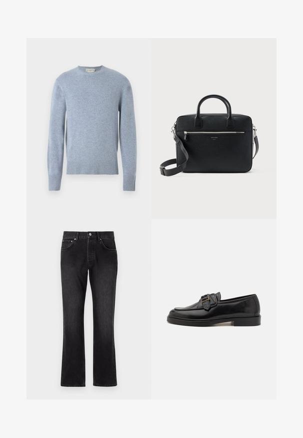 Pull en tricot bleu clair avec un col rond, des bords côtes aux poignets et à l'ourlet. Fabriqué à partir de matériaux doux, il présente une texture lisse et une finition subtile.; Jean en denim noir avec une coupe droite, présentant une taille mi-haute, des poches avant et une fermeture à boutons classique.; Mocassins en cuir noir avec un bout arrondi et une boucle décorative. Talon plat, solide et texture lisse sur l'ensemble.; Serviette rectangulaire en cuir noir texturé avec double poignée, poche avant zippée et bandoulière réglable présentée sur fond blanc.