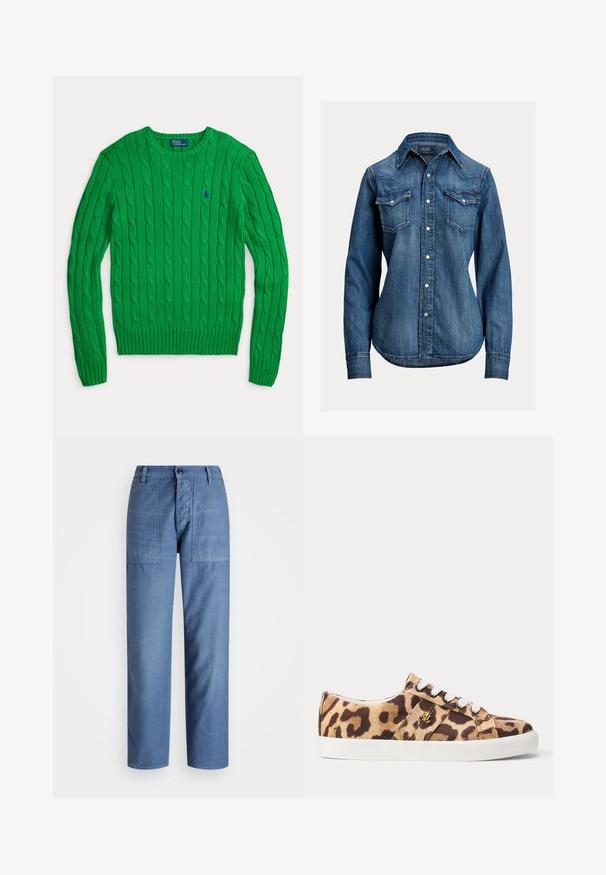 Jersey verde de punto trenzado con mangas largas, cuello redondo y pequeño logo bordado en azul de Polo Ralph Lauren en el pecho.; Camisa de mezclilla azul de manga larga con botones a presión de perla, dos bolsillos de solapa en el pecho y un cuello puntiagudo de Polo Ralph Lauren.; Pantalones de mezclilla azul claro con un diseño de pierna recta, que cuentan con dos bolsillos delanteros y un cierre de botón en la cintura. Textura suave.; Zapatilla baja con tejido de estampado de leopardo, cordones blancos, suela de goma blanca y pequeño logo dorado en el lateral, mostrada en perfil lateral.