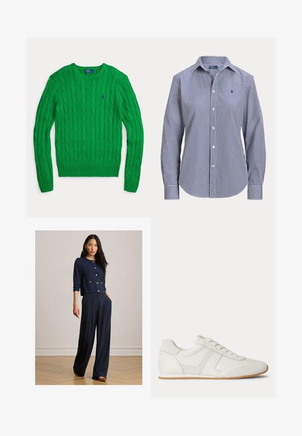 Zelený sveter s dlhým rukávom a vrkočovým vzorom, s okrúhlym výstrihom a malým modrým vyšitým logom Polo Ralph Lauren na hrudi.; Košeľa s dlhým rukávom so svetlo modrými a bielymi vertikálnymi pásmi, golierom a malým vyšitým logom na hrudi.; Žena v tmavomodrom zapínacom kardigane so zlatými gombíkmi a širokých nohaviciach, stojaca na drevenej podlahe pred obyčajnou stenou.; Biela nízka teniska so šnurovaním vpredu, zsemišovými a koženými panelmi a svetlohnedou gumovou podrážkou na bielom pozadí.