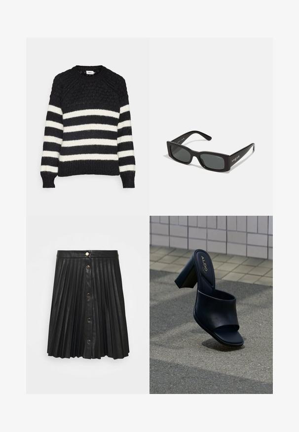 Stribet sweater i sort og hvid med et tekstureret strikket mønster. Har en rund halsudskæring og ribbede manchetter og kant.; VILA VIAMINA SHORT BUTTON COATED SKIRT - Pliceret nederdel /Nederdele med folder - black; Sort højhælet sandal med åben tå, bred rem, firkantet tå og ALDO-mærke på den polstrede indersål, med tekstureret fortovsbaggrund.; Sorte rektangulære solbriller med mørke linser. Har en glat plastikramme og "vogue"-branding på stængerne.