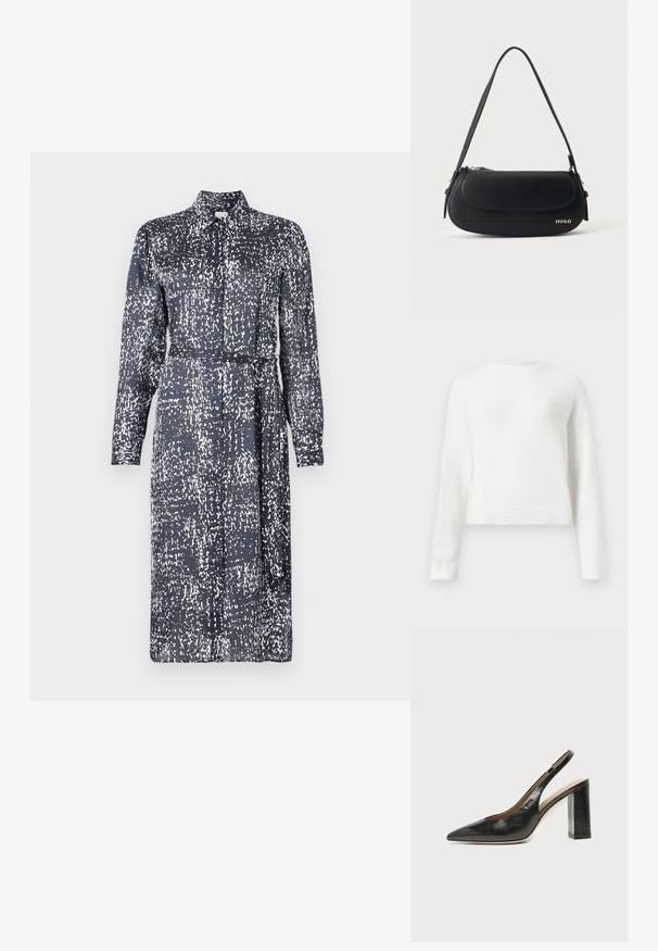 Biela dlhá pletená mikina s dlhým rukávom, s jemne skráteným strihom a štruktúrovanou tkaninou.; Calvin Klein DRESS - Tričkové šaty - inkwell; Čierna kožená slingback obuv s špicatou špičkou, vysokým hrubým podpätkom a béžovou vnútornou podšívkou na svetlom jednofarebnom pozadí.; Čierna kožená kabelka cez rameno s zakrivenou chlopňou, zlatým logom "HUGO" vpredu a jedným nastaviteľným popruhom.