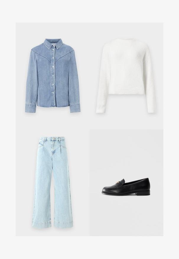 Pull en jersey blanc à manches longues, avec un col rond, doté d'une coupe légèrement cropped et d'un tissu texturé.; Chemise en denim bleu clair avec des manches longues, boutonnière à l'avant, col pointu et détails de style western sur les épaules.; Jeans larges en denim bleu clair, avec une taille haute, des poches avant et des accents cousus à l'ourlet.; Mocassin en cuir noir avec un petit talon et un emblème décoratif en or sur la sangle, présenté sur un fond gris clair uni.