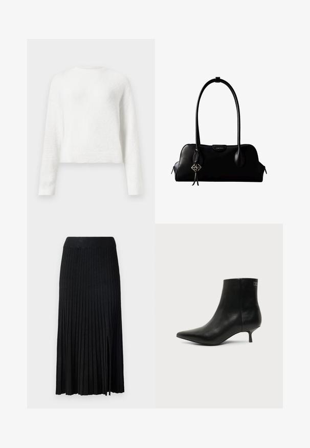 Hvid langærmet fuzzy crewneck sweater med en let cropped pasform og tekstureret stof.; Sort plisseret midi-nederdel med ribbet talje, der har tekstureret stof, sidelæg og lodrette linjer gennem hele designet.; Sort læder ankelstøvle med spids tå og lav kitten hæl på lys baggrund, der viser yderside.; Sort lædertaske fra Calvin Klein med lange håndtag, en forside-logo-tag og en sølv geometrisk vedhæng, der hænger fra det ene håndtag.