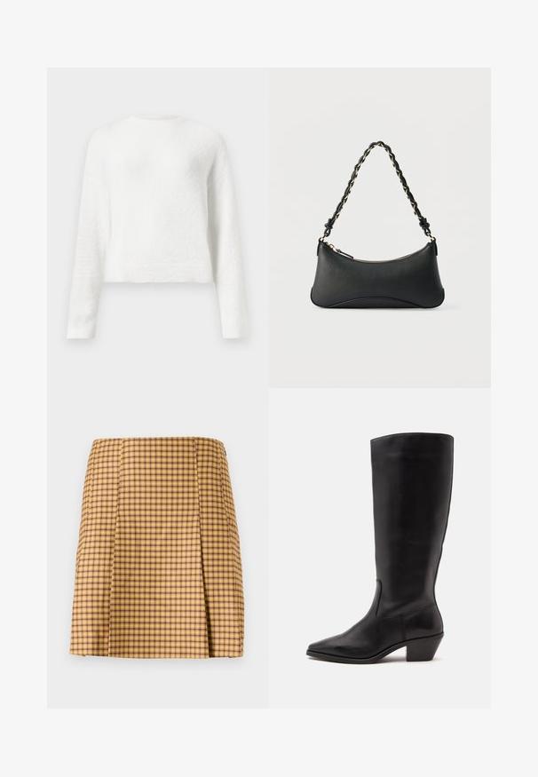 Hvid langærmet fuzzy crewneck sweater med en let cropped pasform og tekstureret stof.; Gul og lilla ternet nederdel med lige snit, der har en subtil plissering foran og et glat tekstureret stof.; Sort læderstøvle til midtkalv med spids tå og lavt skråt hæl på en enkel lys baggrund.; Sort skuldertaske i læder med en buet rektangulær form, gyldent kæde vævet ind i en flettet sort rem og toplynlås.