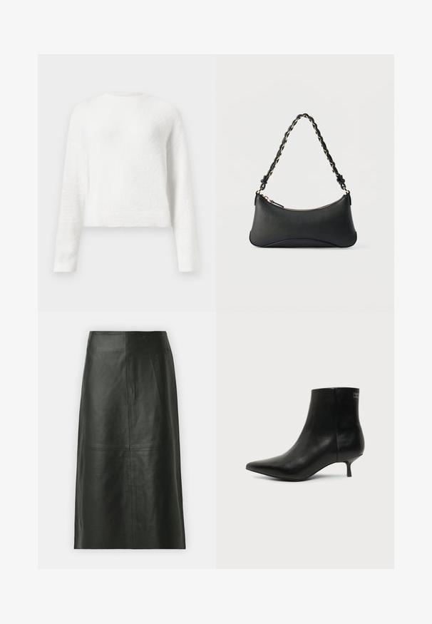 Pull en jersey blanc à manches longues, avec un col rond, doté d'une coupe légèrement cropped et d'un tissu texturé.; Jupe midi en cuir noir avec une coupe droite. Texture lisse, coutures minimales et taille ajustée. Pas de poches visibles ni de détails supplémentaires.; Bottine en cuir noir avec bout pointu et petit talon kitten sur fond clair, vue côté extérieur.; Sac à bandoulière en cuir noir de forme rectangulaire incurvée, avec une chaîne dorée tissée dans la bandoulière noire tressée et une fermeture éclair sur le dessus.