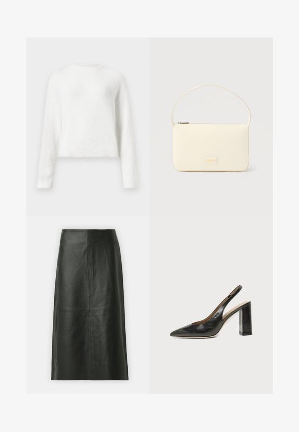 Pull en jersey blanc à manches longues, avec un col rond, doté d'une coupe légèrement cropped et d'un tissu texturé.; Jupe midi en cuir noir avec une coupe droite. Texture lisse, coutures minimales et taille ajustée. Pas de poches visibles ni de détails supplémentaires.; Chaussure slingback en cuir noir à bout pointu avec un talon bloc haut et une doublure intérieure beige sur un fond clair uni.; Sac à main rectangulaire de couleur crème avec une seule sangle et une fermeture éclair sur le dessus, comportant une petite plaque de logo embossé à l'avant.
