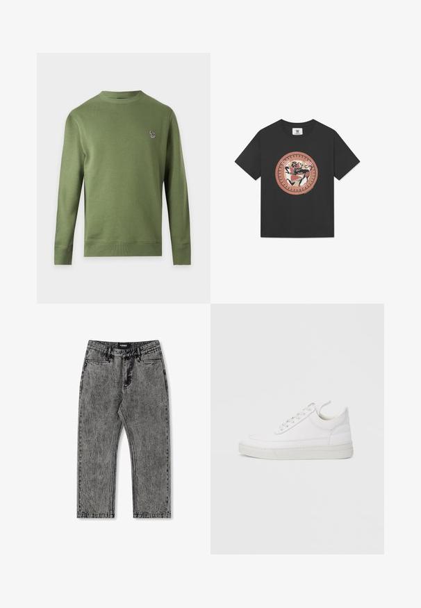 Einfarbiges olivgrünes Sweatshirt mit langen Ärmeln und Rundhalsausschnitt, mit kleinem mehrfarbigem Zebra-Logo auf der linken Brust.; Schwarzes Baumwoll-T-Shirt mit grafischem Runddruck, der eine detaillierte Illustration eines Pferdes mit Reiter in Erdtönen zeigt. Rundhalsausschnitt.; Graue Denim-Jeans mit einem verranzten Finish, geradem Bein Design und fünf Taschen. Mit einem Etikett mit "FORMER" am Bund.; Weißer Ledersneaker mit abgerundetem Zehenbereich, flacher Sohle und Schnürverschluss. Verfügt über Nahtdetails und einen gepolsterten Kragen für zusätzlichen Komfort.