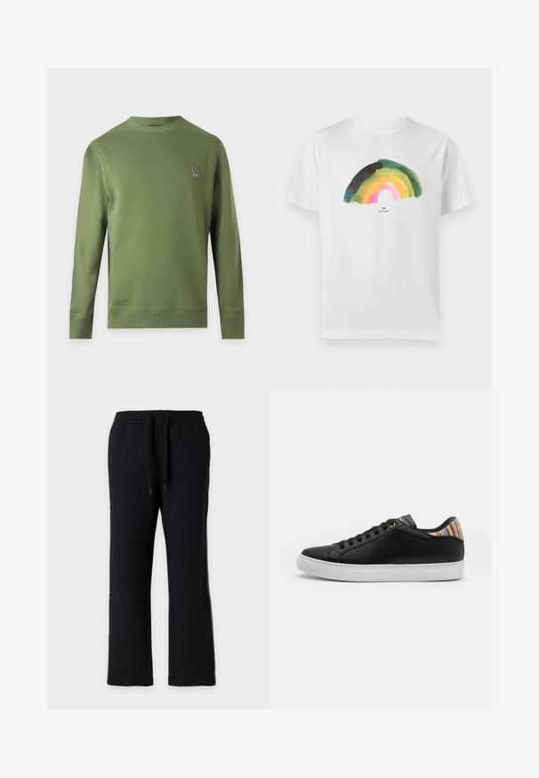 Sweat-shirt uni vert olive à manches longues et col rond avec un petit logo zèbre multicolore sur la poitrine gauche.; T-shirt blanc à manches courtes avec un arc-en-ciel de style aquarelle en nuances de vert, jaune et rose centré sur la poitrine.; Pantalon de jogging noir à coupe droite avec taille élastique et cordons noirs, présenté sur un fond gris clair uni.; Basket en cuir noir avec une semelle en caoutchouc blanc, présentant un accent rayé multicolore au niveau du talon et un devant à lacets noir avec œillets dorés.