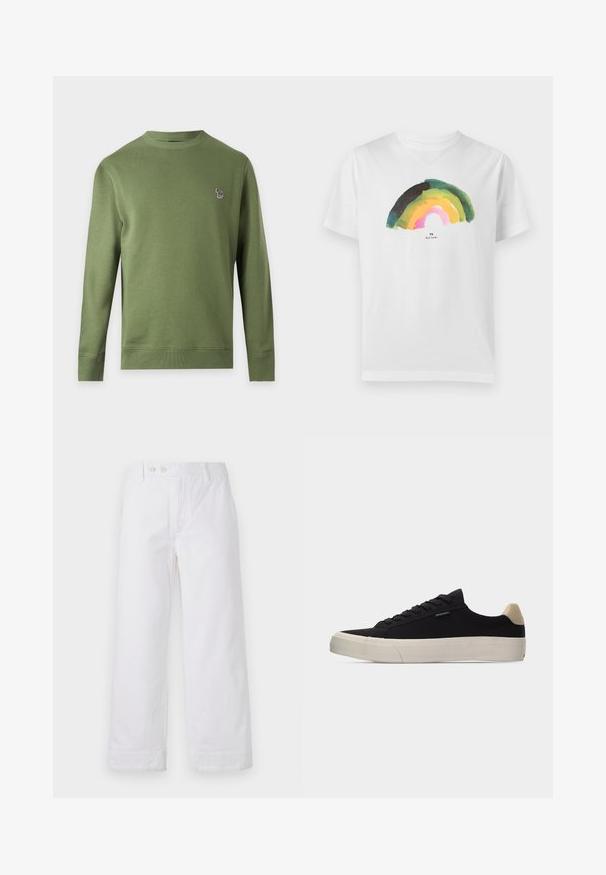 Enkelt olivengrøn langærmet rundhalset sweatshirt med lille flerfarvet zebra-logo på venstre bryst.; Hvid T-shirt med korte ærmer med en akvarellignende regnbue i nuancer af grøn, gul og pink centreret på brystet.; Hvide bomulds bukser med vidde og høj talje, der har knaplukning og ombukket kant. Glat tekstur og klassisk design.; Sort lavsko med beige hælkappe, tyk hvid gummisål, sorte snørebånd og lille "PS Paul Smith" mærke på siden.