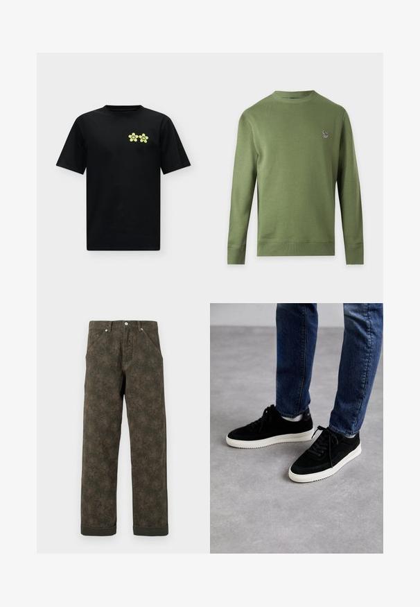 Sweat-shirt uni vert olive à manches longues et col rond avec un petit logo zèbre multicolore sur la poitrine gauche.; T-shirt noir à manches courtes avec deux motifs de fleurs jaunes sur le côté gauche de la poitrine, chacun contenant une lettre à l'intérieur.; Pantalons vert foncé avec un imprimé floral subtil, boutons à l'avant, poches et ourlets retroussés.; Des baskets en suède noir avec une semelle en caoutchouc blanc, présentant un design classique à talon bas, un bout rond et des lacets plats noirs.