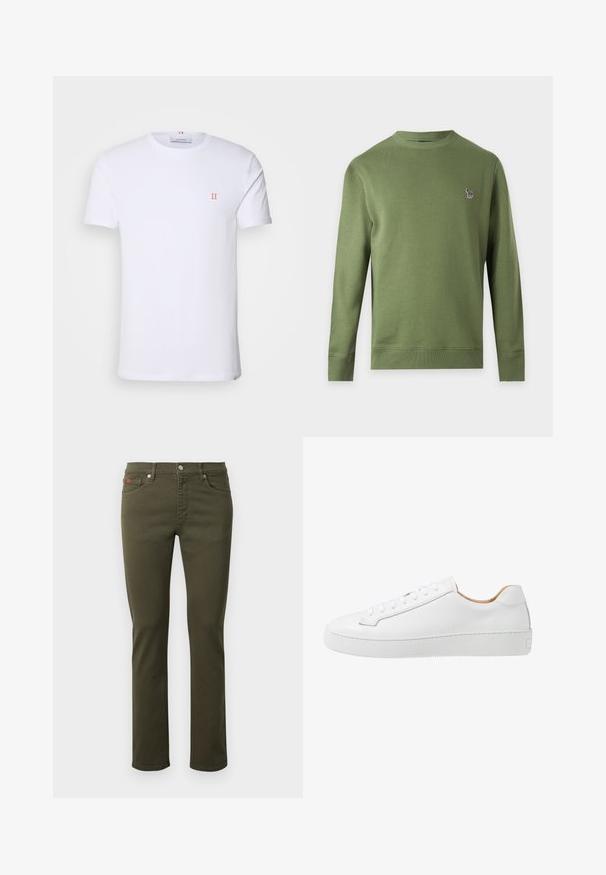 Effen olijfgroene trui met lange mouwen en ronde hals met een klein meerkleurig zebra-logo op de linkerborst.; Witte katoenen t-shirt met korte mouwen, met een klein oranje "II" logo op de linkerborst en een ronde halslijn. Eenvoudig ontwerp en textuur.; Olijfgroene jeans in een slim fit ontwerp met vijf zakken, metalen knoop en stikseldetails. Gemaakt van duurzaam katoenmix materiaal.; Witte leren sneaker met een gladde afwerking, ronde neus, platte vetersluiting en een dikke rubberen zool met een gestructureerd grippatroon.