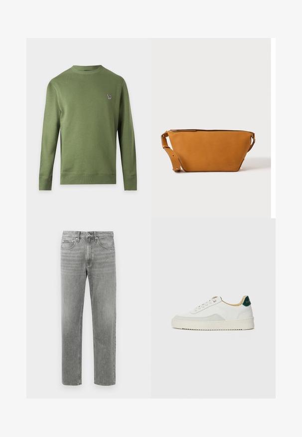Sweat-shirt uni vert olive à manches longues et col rond avec un petit logo zèbre multicolore sur la poitrine gauche.; Jean en denim gris à coupe droite, avec un design classique à cinq poches et un léger dégradé pour la texture. Fermeture éclair standard.; Baskets blanches avec des accents en daim, bout arrondi, lacets plats et semelle en caoutchouc crème. Présente une marque verte sur le talon.; Sac bandoulière en cuir marron clair avec sangle réglable et fermeture éclair, présenté sur un fond clair uni.