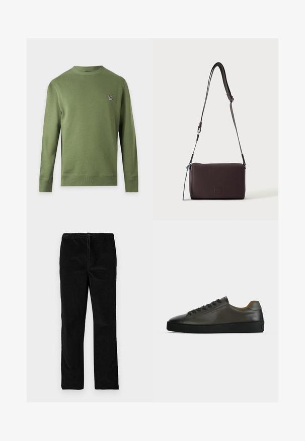 Sweat-shirt uni vert olive à manches longues et col rond avec un petit logo zèbre multicolore sur la poitrine gauche.; Pantalons en velours noirs à jambes droites avec une taille élastique et un cordon de serrage à l'avant, présentés sur un fond blanc uni.; Basket basse en cuir gris foncé avec lacets et semelle noirs, design minimaliste, profil latéral sur un fond clair uni.; Sac bandoulière en cuir marron foncé texturé avec une sangle réglable et un petit accent décoratif bleu sur le côté.